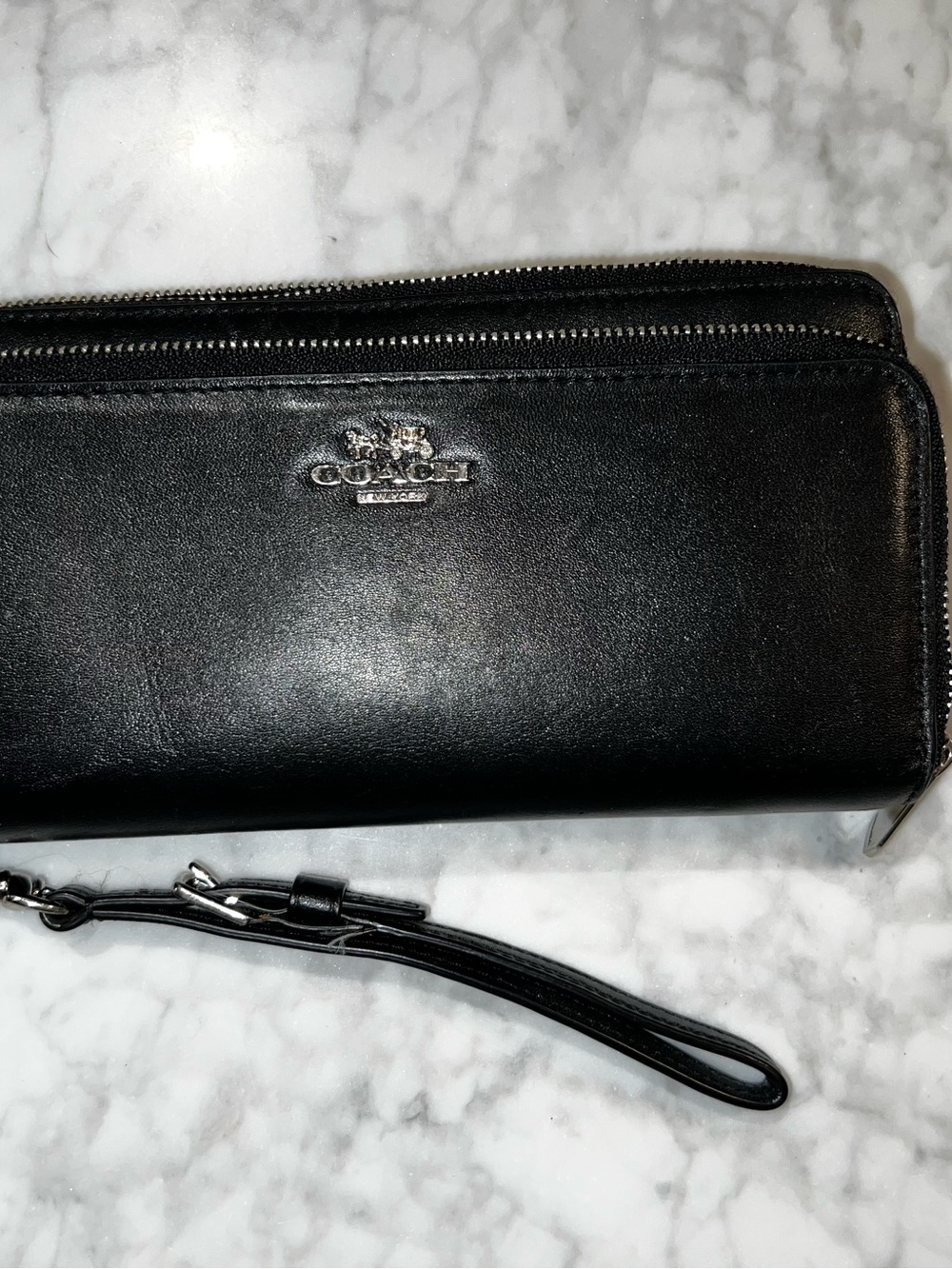 Coach Black Leather Zip-Around Wristlet/Wallet with Silver Logo